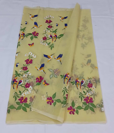 Kota Doria Cotton Saree With Embroidery - Yellow
