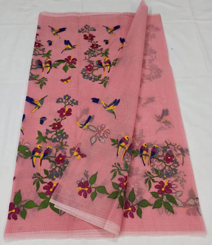 Kota Doria Cotton Saree With Embroidery - Pink