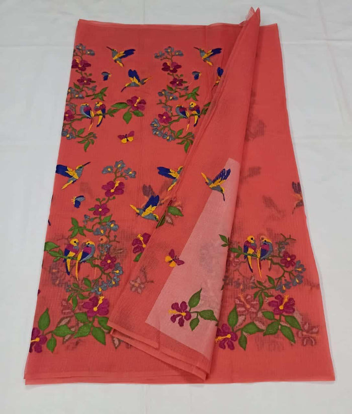 Kota Doria Cotton Saree With Embroidery - Red