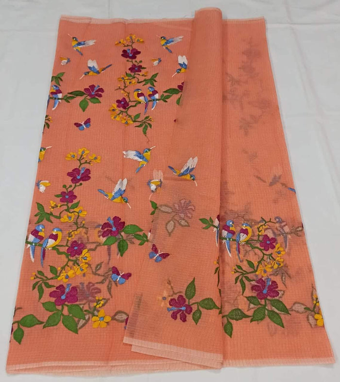 Kota Doria Cotton Saree With Embroidery - Peach Color