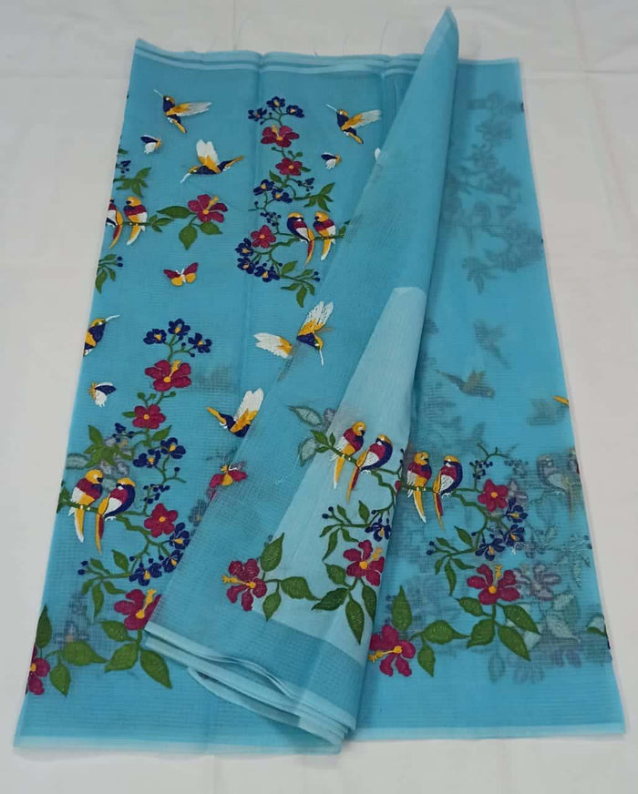 Kota Doria Cotton Saree With Embroidery - Blue