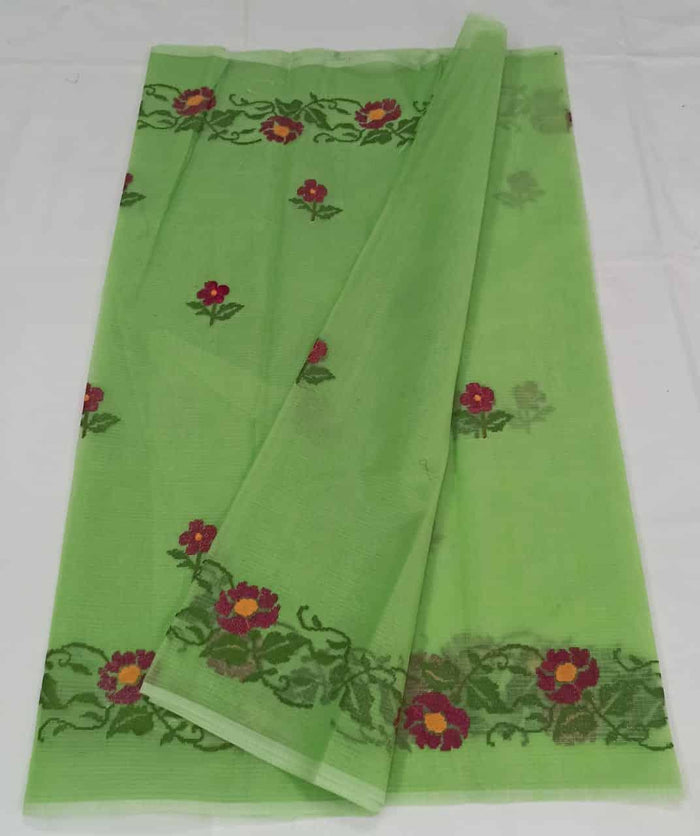 Kota Doria Cotton Saree With Machine Embroidery - Green Colour