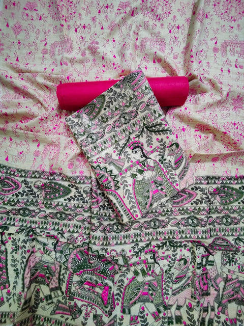 Madhubani Printed Matka Handwoven Cotton Pink Color Dress Material - Trend In Need