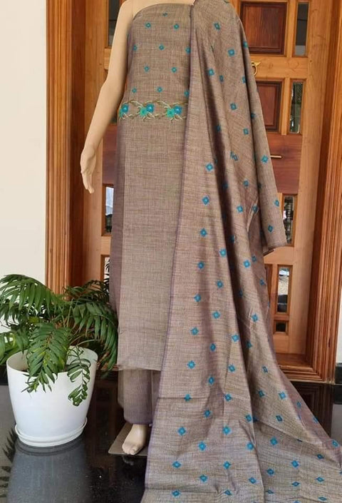Matka Cotton Embroidered Brown Color Dress Material - Trend In Need