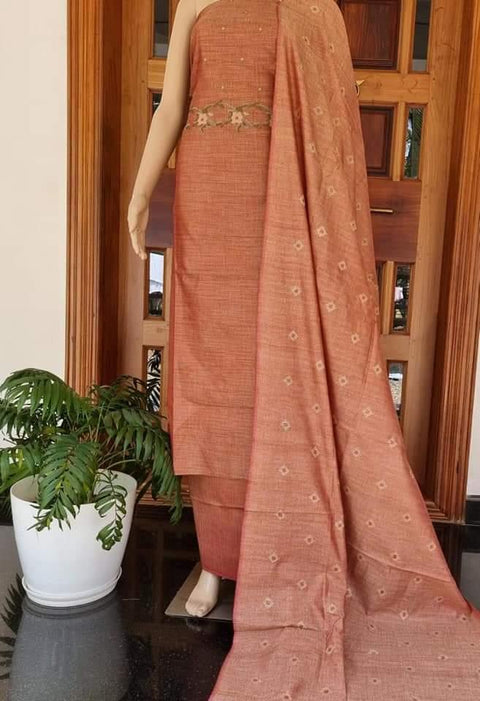 Matka Cotton Embroidered Dress Material Brown Color - Trend In Need