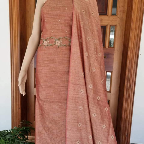 Matka Cotton Embroidered Dress Material Brown Color - Trend In Need