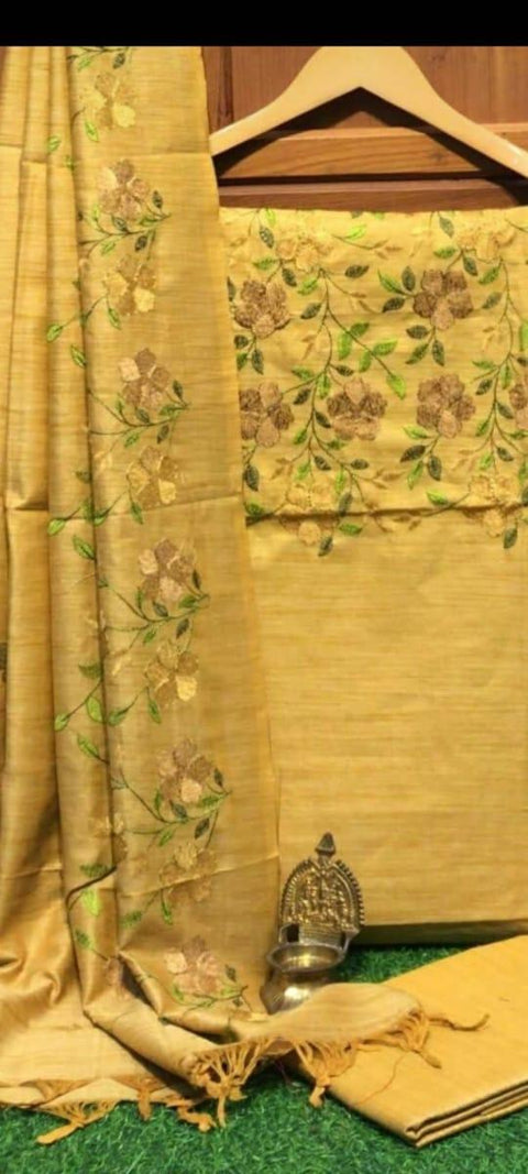 Matka Cotton Embroidered Dress Material Yellow Color - Trend In Need