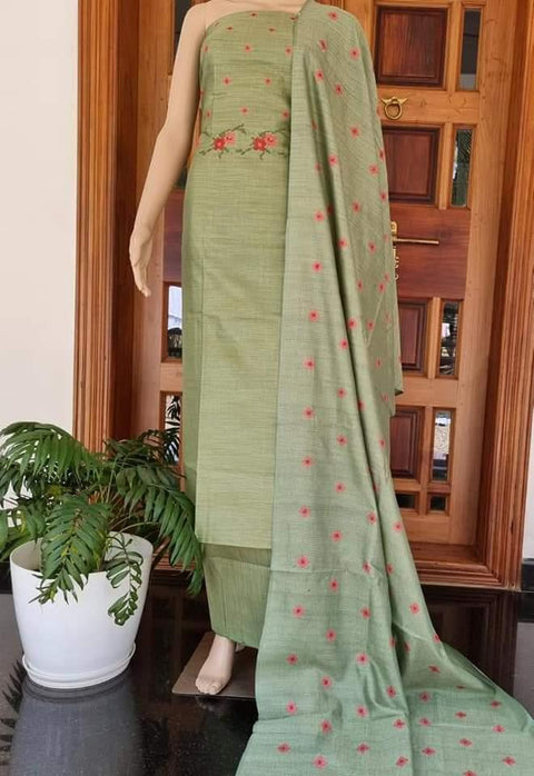 Matka Cotton Embroidered Green Color Dress Material - Trend In Need