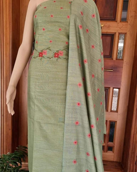 Matka Cotton Embroidered Green Color Dress Material - Trend In Need