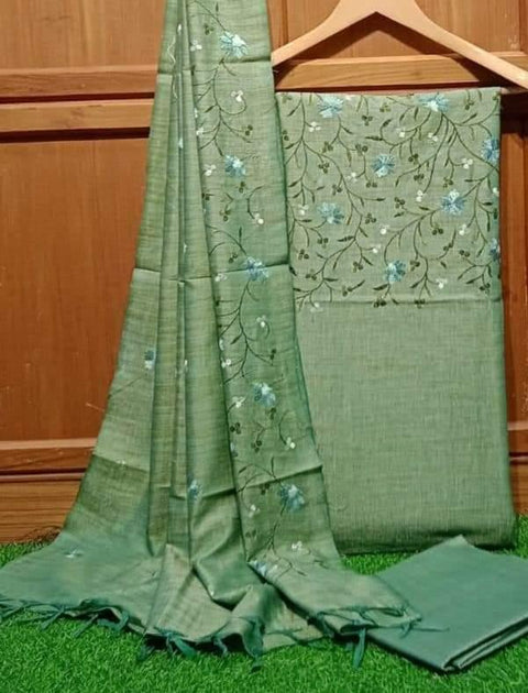 Matka Cotton Embroidered Green Color Dress Material - Trend In Need