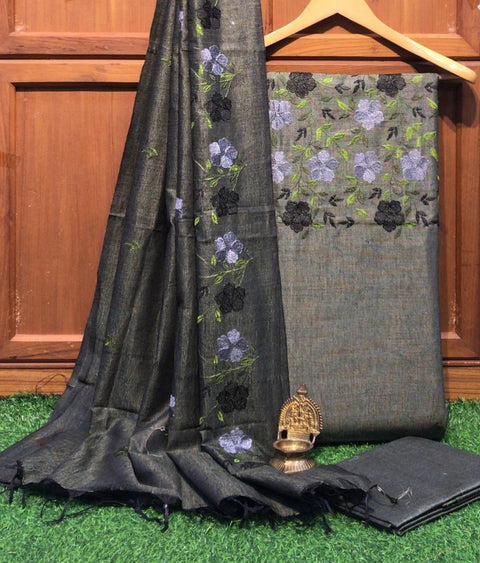 Matka Cotton Embroidered Grey Color Dress Material - Trend In Need