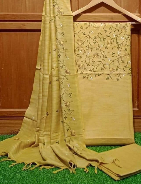 Matka Cotton Embroidered Yellow Color Dress Material - Trend In Need