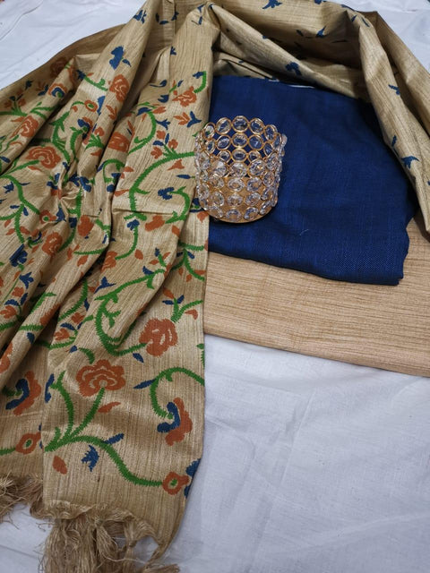 Matka handwoven cotton silk Blue Color Dress Material With handwoven cotton silk Dupatta - Trend In Need