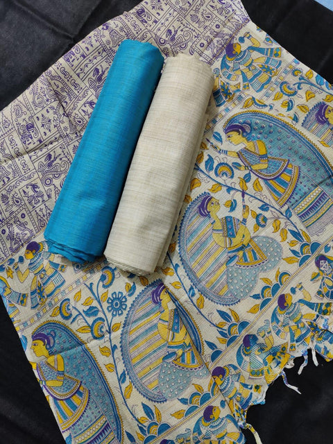 Matka Handwoven Cotton silk Blue Color Dress Material With Madhubani Print Dupatta - Trend In Need