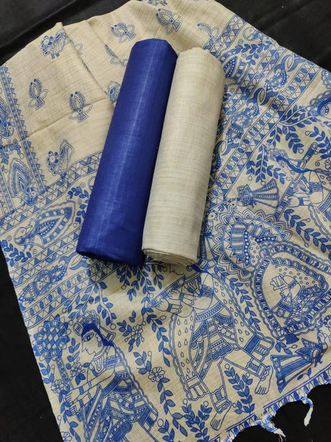 Matka Handwoven Cotton silk Blue Color Dress Material With Madhubani Print Dupatta - Trend In Need