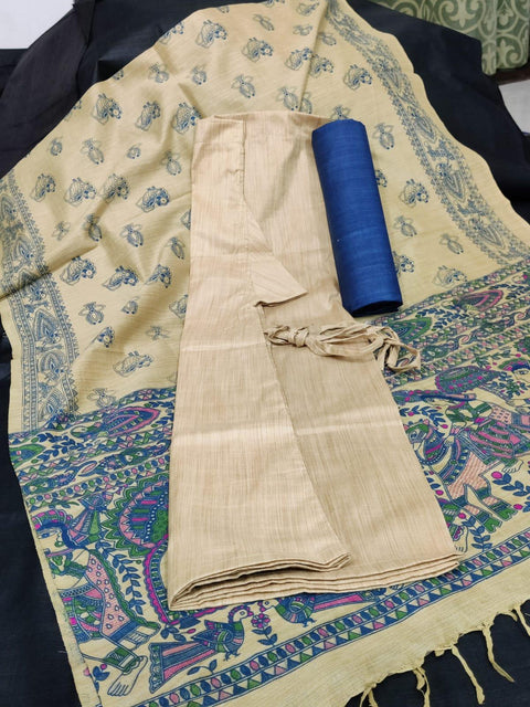 Matka Handwoven Cotton Silk Blue Color Top & Palazzo With Screen Printed Dupatta - Trend In Need