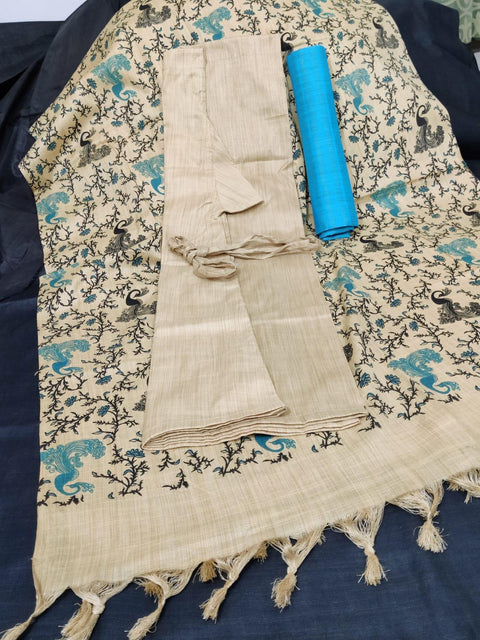 Matka Handwoven Cotton Silk Blue Color Top & Palazzo With Screen Printed Dupatta - Trend In Need