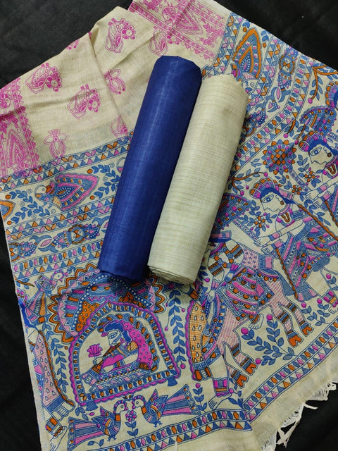 Matka Handwoven Cotton silk Dress Material Blue Color With Madhubani Print Dupatta - Trend In Need