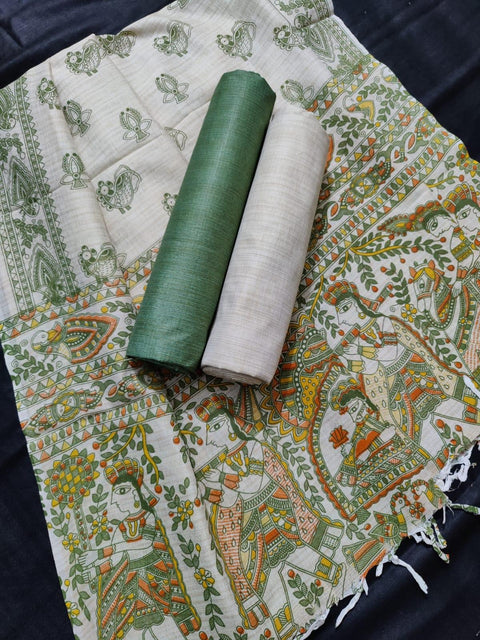 Matka Handwoven Cotton silk Dress Material Green Color With Madhubani Print Dupatta - Trend In Need