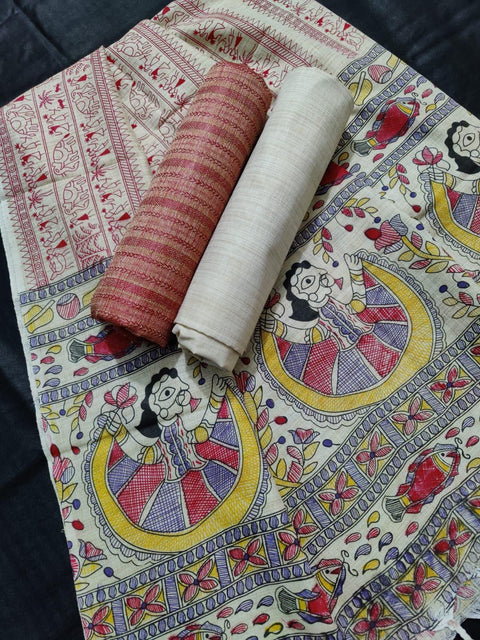 Matka Handwoven Cotton silk Dress Material Red Color With Madhubani Print Dupatta - Trend In Need