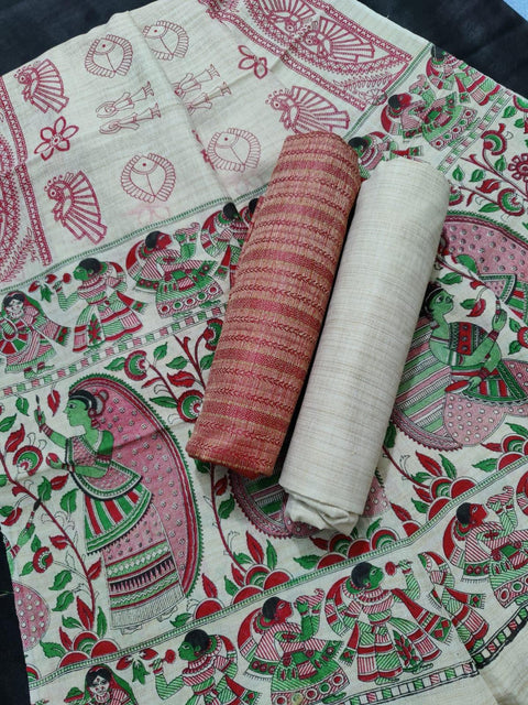Matka Handwoven Cotton silk Dress Material Red Color With Madhubani Print Dupatta - Trend In Need