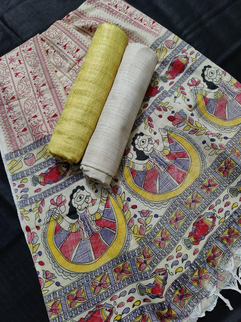 Matka Handwoven Cotton silk Dress Material Yellow Color With Madhubani Print Dupatta - Trend In Need