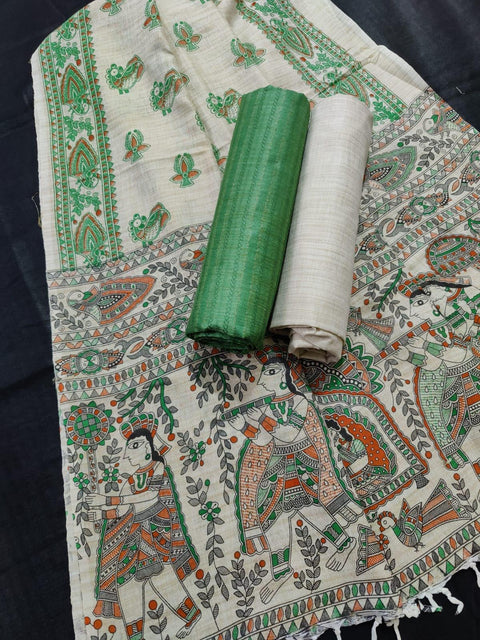Matka Handwoven Cotton silk Green Dress Material With Madhubani Print Dupatta - Trend In Need