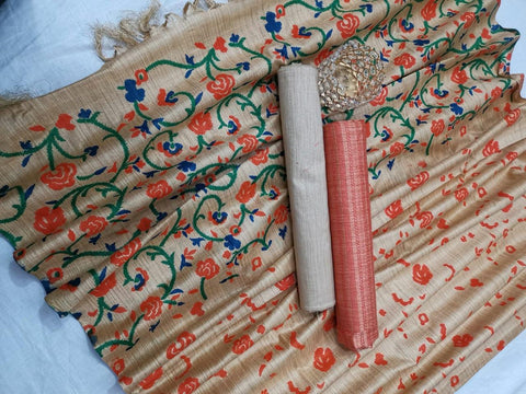 Matka handwoven cotton silk Orange Color Dress Material With handwoven cotton silk Dupatta - Trend In Need