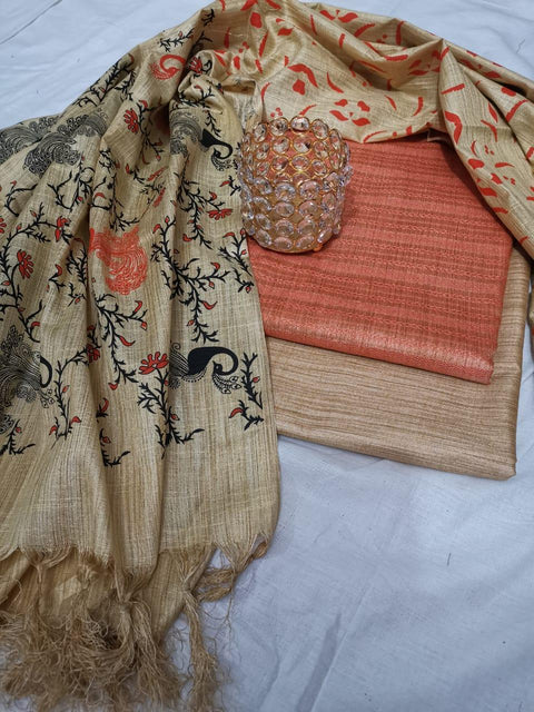 Matka handwoven cotton silk Orange Color Dress Material With handwoven cotton silk Dupatta - Trend In Need