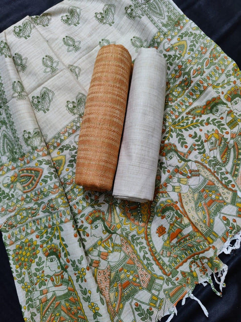 Matka Handwoven Cotton silk Orange Color Dress Material With Madhubani Print Dupatta - Trend In Need