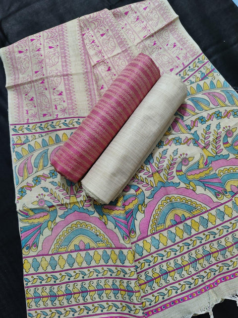 Matka Handwoven Cotton silk Pink Color Dress Material With Madhubani Print Dupatta - Trend In Need