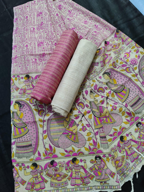 Matka Handwoven Cotton silk Pink Dress Material With Madhubani Print Dupatta - Trend In Need
