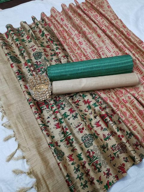Matka handwoven cotton silk Rama Green Color Dress Material With handwoven cotton silk Dupatta - Trend In Need