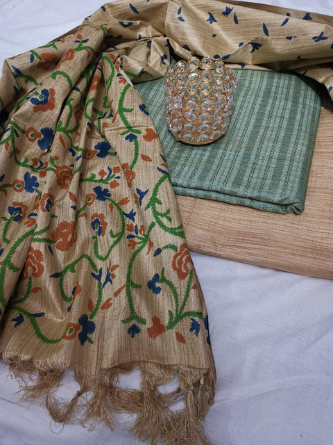 Matka handwoven cotton silk Rama Green Color Dress Material With handwoven cotton silk Dupatta - Trend In Need