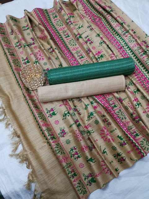 Matka handwoven cotton silk Rama Green Color Dress Material With handwoven cotton silk Dupatta - Trend In Need