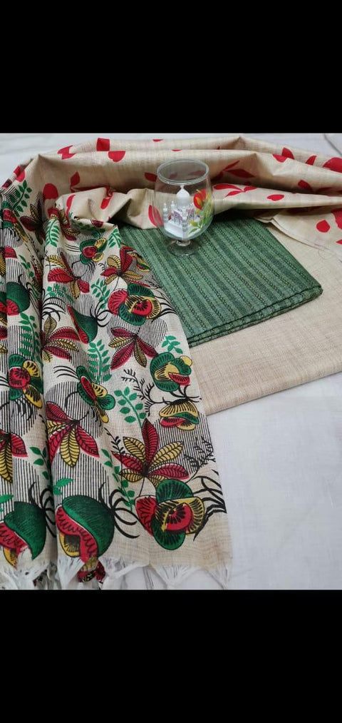 Matka handwoven cotton silk Rama Green Color Dress Material With handwoven cotton silk Dupatta - Trend In Need