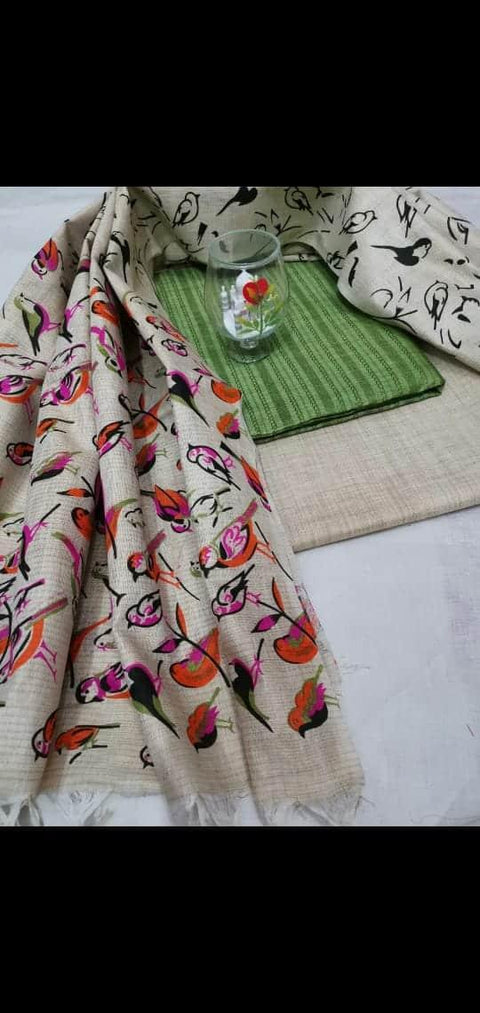 Matka handwoven cotton silk Rama Green Color Dress Material With handwoven cotton silk Dupatta - Trend In Need