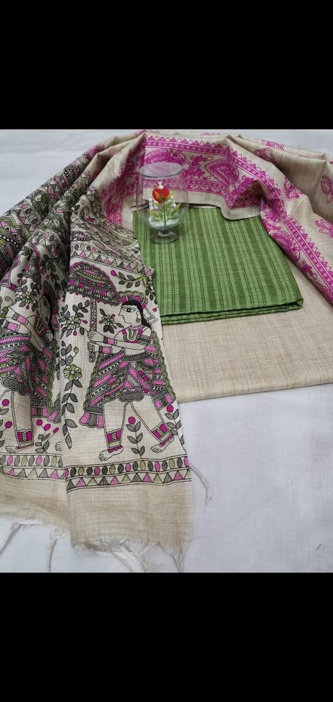Matka handwoven cotton silk Rama Green Color Dress Material With handwoven cotton silk Dupatta - Trend In Need