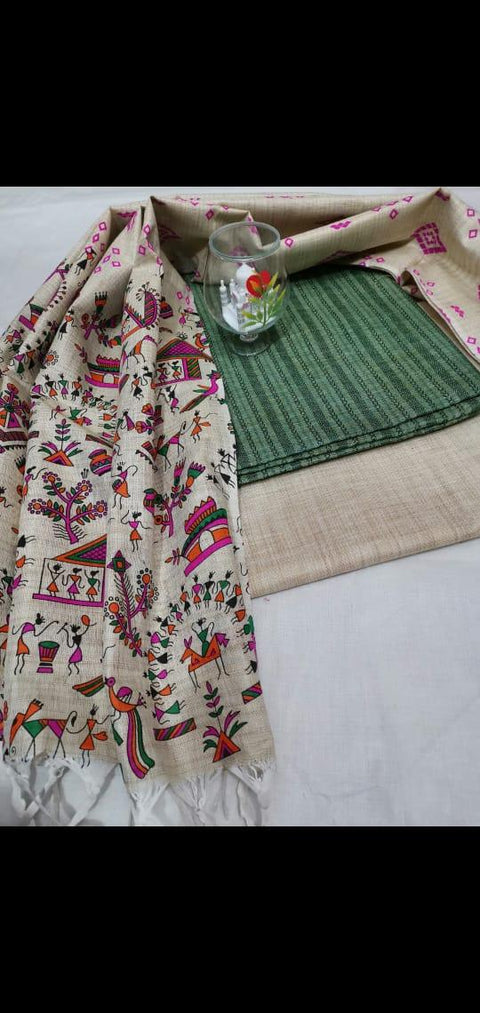 Matka handwoven cotton silk Rama Green Color Dress Material With handwoven cotton silk Dupatta - Trend In Need