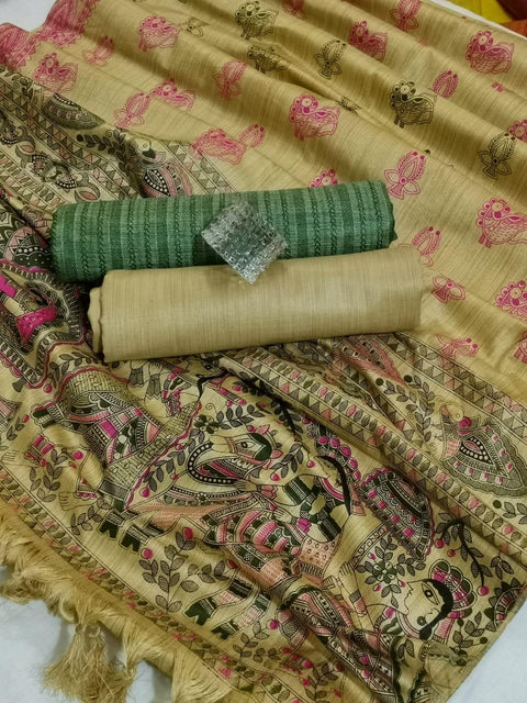 Matka handwoven cotton silk Rama Green Color Dress Material With handwoven cotton silk Dupatta - Trend In Need