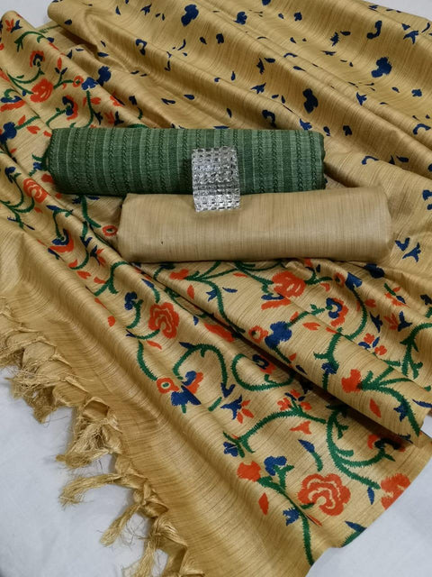 Matka handwoven cotton silk Rama Green Color Dress Material With handwoven cotton silk Dupatta - Trend In Need