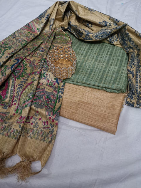 Matka handwoven cotton silk Rama Green Color Dress Material With handwoven cotton silk Dupatta - Trend In Need