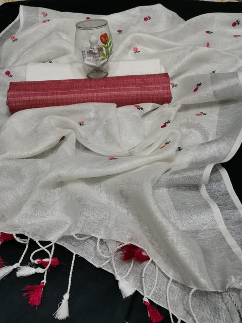 Matka Handwoven Cotton Silk Red Color Dress Material with Pure Linen Dupatta - Trend In Need