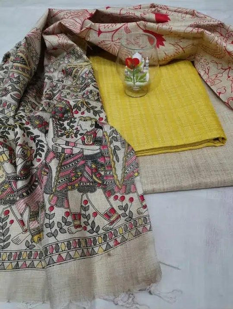 Matka handwoven cotton silk Yellow Color Dress Material With handwoven cotton silk Dupatta - Trend In Need