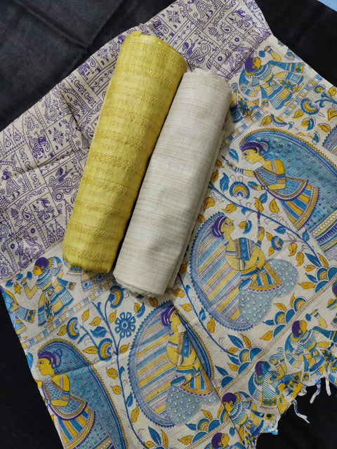 Matka Handwoven Cotton silk Yellow Color Dress Material With Madhubani Print Dupatta - Trend In Need