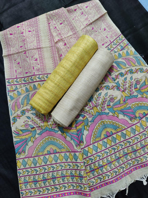 Matka Handwoven Cotton silk Yellow Color Dress Material With Madhubani Print Dupatta - Trend In Need