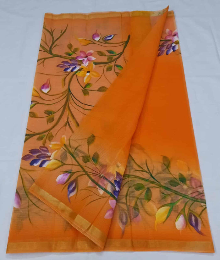Hand  Painted  Kota Doria Saree - Orange