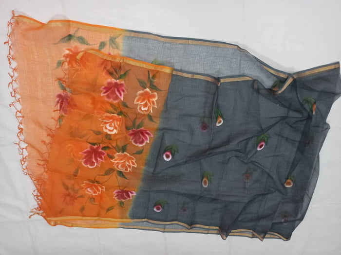 Orange Grey Color Hand Brush Painted Kota Doria Pure Cotton Dupatta - Trend In Need