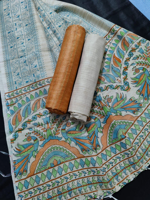 Orange Matka Handwoven Cotton silk Dress Material With Madhubani Print Dupatta - Trend In Need