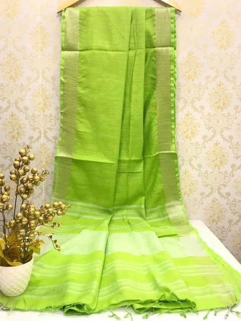 Parrot Green Color Plain Zari Woven Linen Cotton Saree - Trend In Need